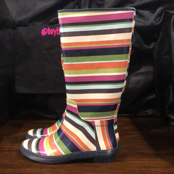 COACH Multi Striped Pull On Mid Calf Rain Boots with Low Heel and Navy Lining - Picture 1 of 11